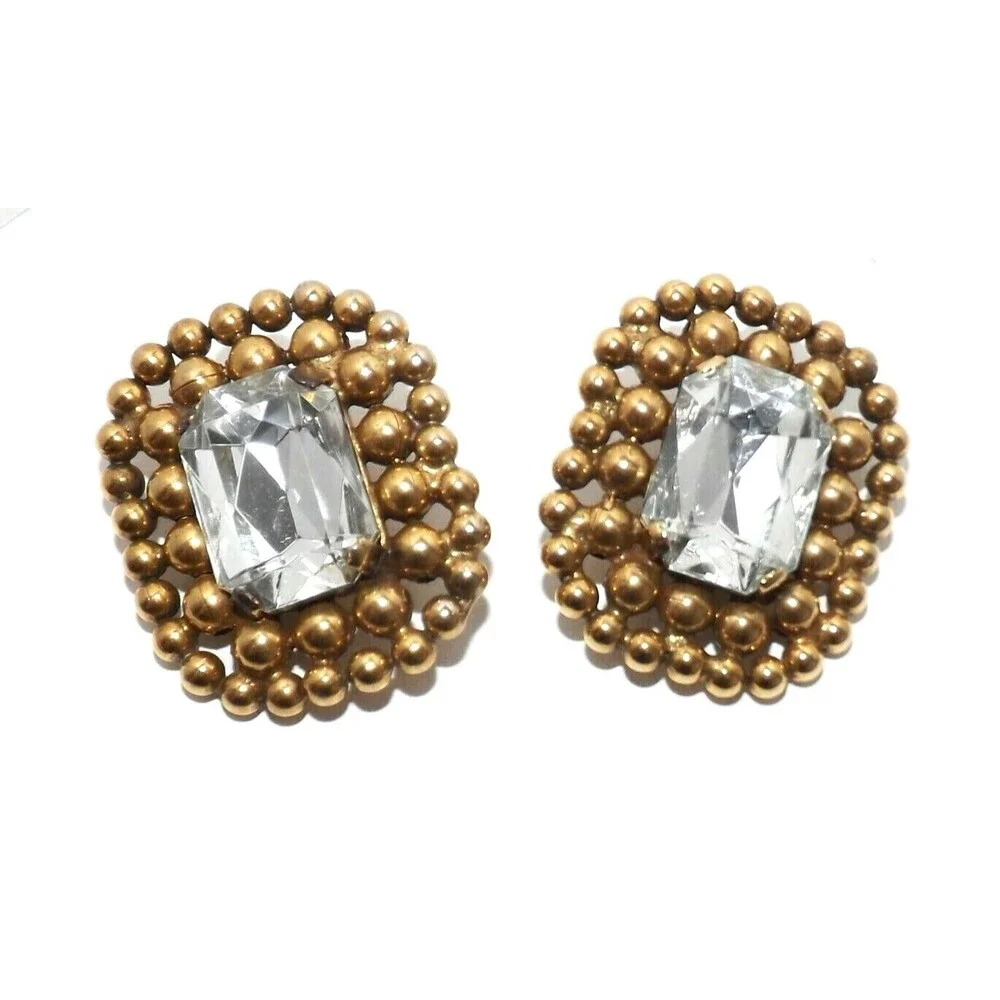 Vintage 80s Earrings Facet Stone Mogul Chunky Statement Clip On Gold tone